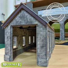 Load image into Gallery viewer, Metcalfe - Constructed - Single Track Engine Shed - Lighting and Weathering - Stone and Brick Effect - Card Construction Kit Built - OO/HO Gauge
